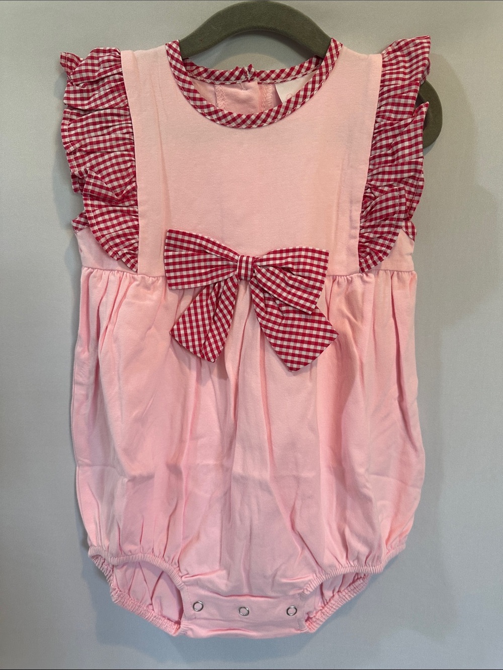 Pink Baby Bubble Romper with Red Gingham Bow with matching bow